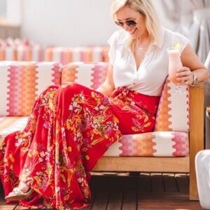 [FP One] Aloha Wide Tiered Leg Pant Tie Waist Hand-Painted Floral Crinkle Rayon